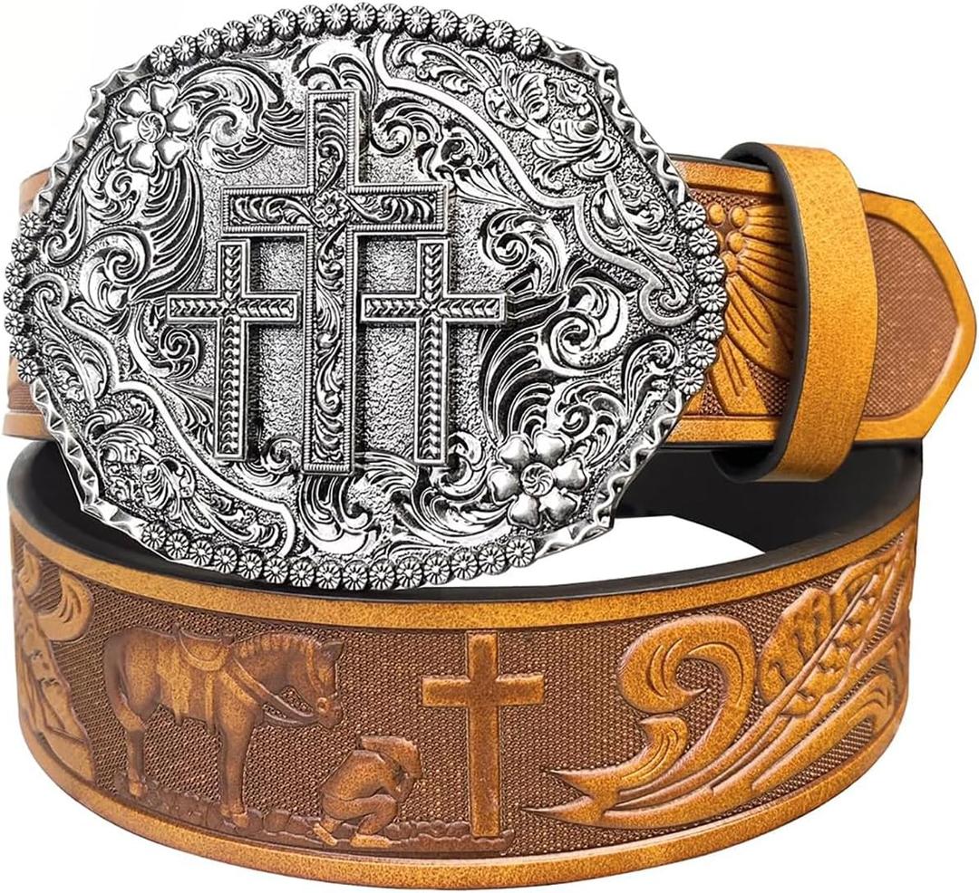 TOPACC Western Belts for Men Woman Western Belt Buckle Cowgirl Cowboy Leather Country Belt for Jeans Pants Gift (Fit waist: 34-37 in)