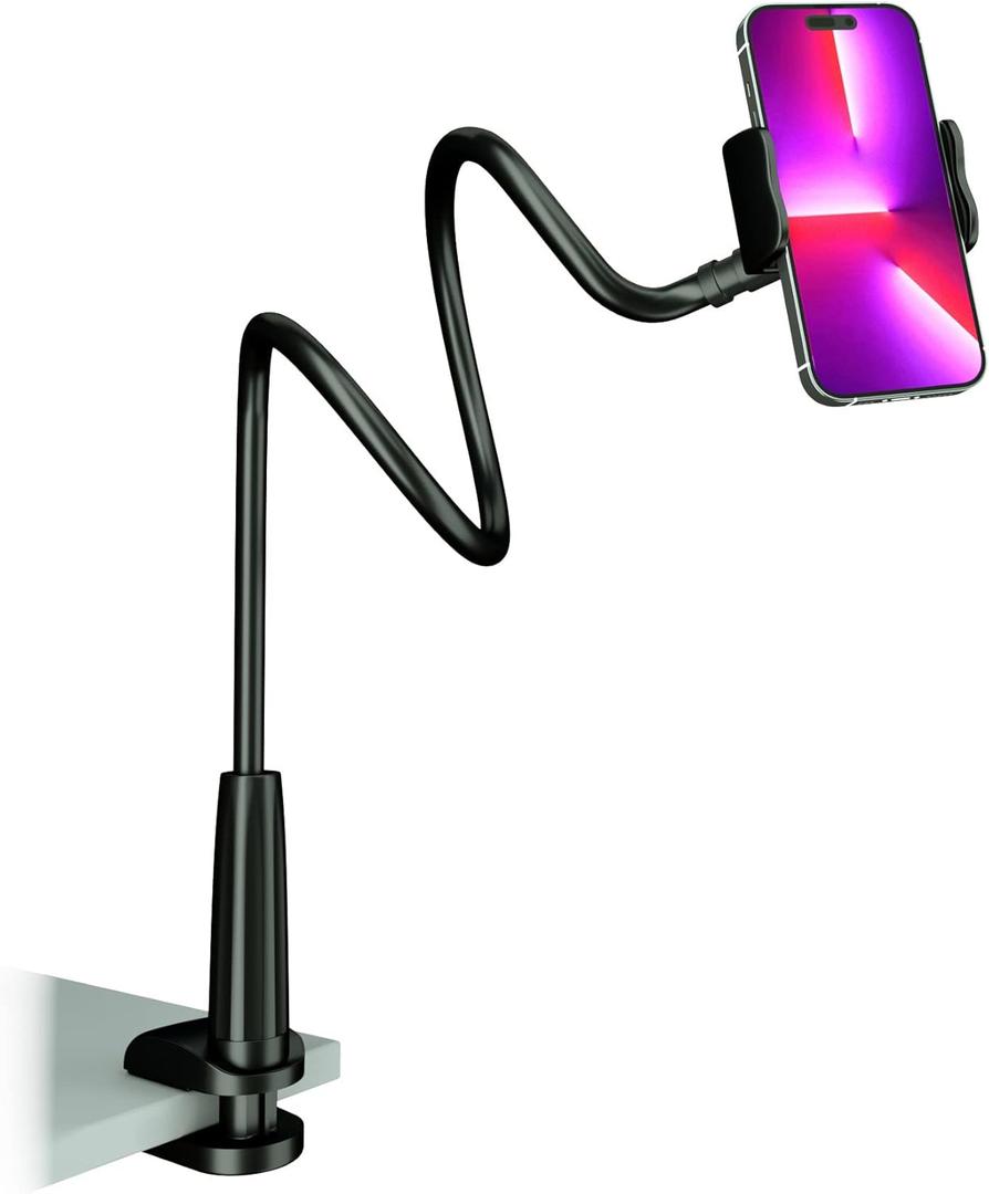 MAGIPEA Phone Holder for Bed, Gooseneck Phone Holder for Desk, Cell Phone Mount with Flexible Long Arm, Compatible with iPhone 17/16 Pro Max, 15, 14, and Other 3.57" Devices (Black)