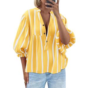 Tankaneo Womens Puff Sleeve Babydoll Tops Summer V Neck Striped Blouse Cute Casual Loose Fit Flowy Shirts (Yellow, L)