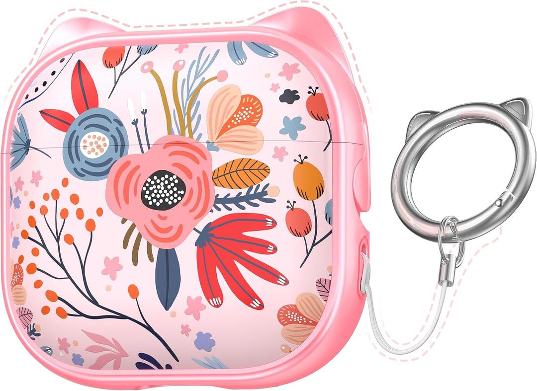 RFUNGUANGO AirPods 4 Case for Women Girly Cat Case with Lock, Phone Stand,Keychain & Cleaner Kit, Compatible with Apple Airpods 4th Generation Case Cover, Pink Berry Flower