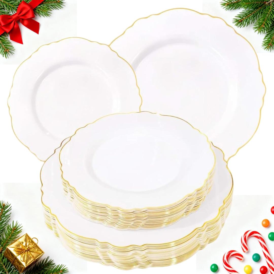 WDF 60pcs Gold Plastic Plates -Baroque White &Gold Disposable Plates for Upscale Parties &Wedding-including 30 Plastic Dinner Plates 10.25inch, 30Salad Plates 7.5inch