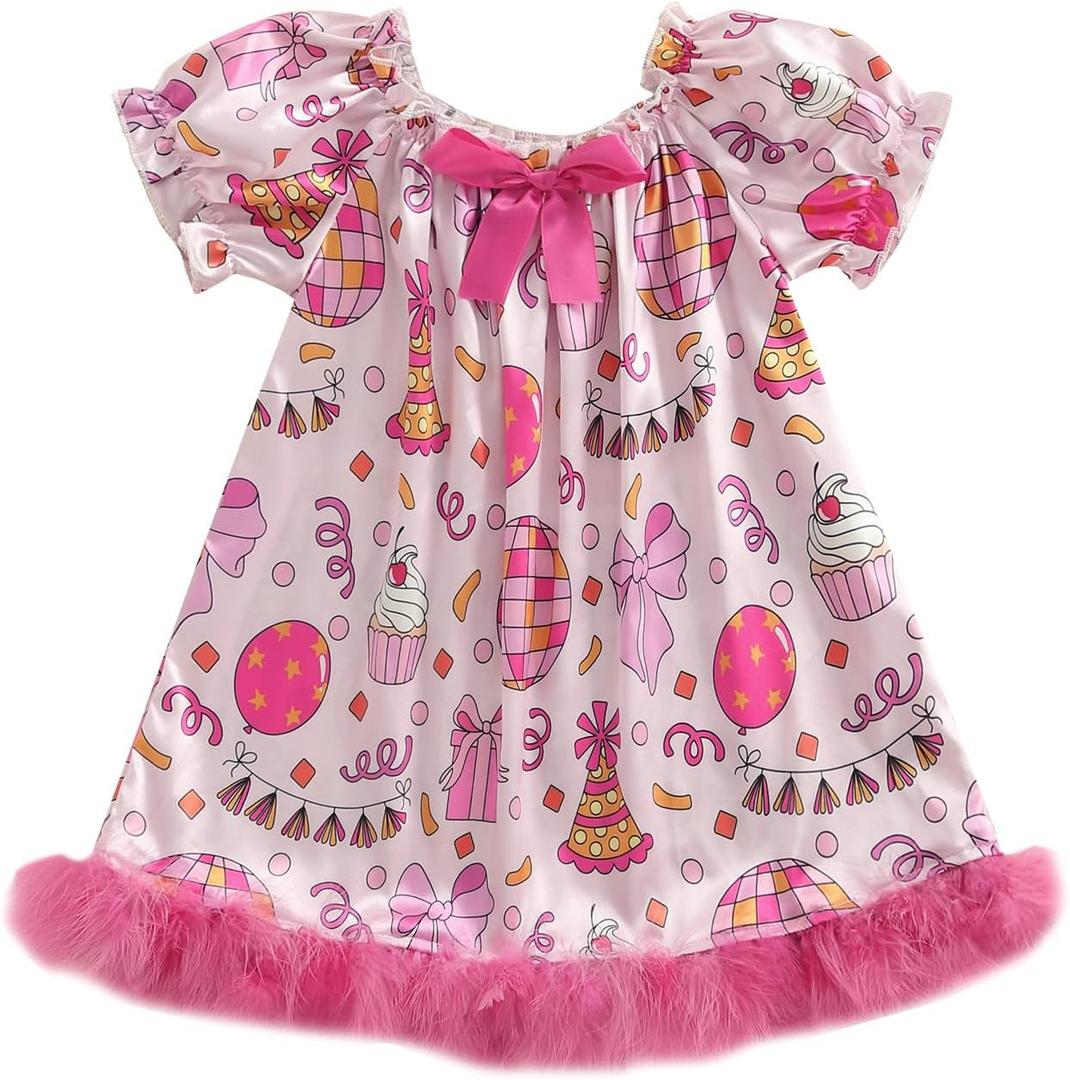 Birthday Girl Pajamas Dress Silk Stain Nightgown Feather Trim Pjs Outfits Toddler Kids Little Girl Nightdress Gift (4-5T, Pink)