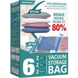 6 Pack Vacuum Storage Bags with Hand Pump, 80% Space Saver Vacuum Seal Storage Bags for Clothing, Travel Lugggage, Blankets, Comforters