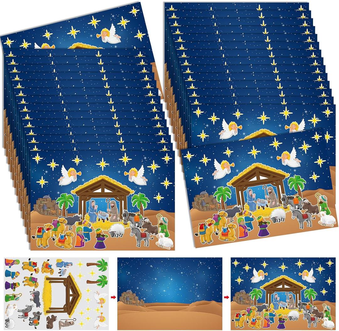 Yexiya 60 Sheets Christmas Nativity Stickers Make a Nativity Scene Kit Christmas Crafts for DIY Religious Party Scene Party Game for Xmas Supplies (Cartoon)