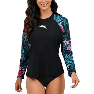 Halcurt Womens Long Sleeve Rash Guard Swim Top with Built in Bra UPF50+ Sun Protection Swim Shirts Quick Dry Swimsuit XL