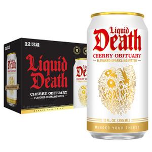 Liquid Death, Cherry Obituary, Soda-Flavored Sparkling Water, 12-Pack (12oz Cans), Low Sugar, Huge Flavor & No Artificial Sweeteners, BBD: 05/07/2027 Liquid Death, Cherry Obituary, Soda-Flavored Sparkling Water, 12-Pack (12oz Cans), Low Sugar, Huge Flavor & No Artificial Sweeteners, BBD: 05/07/2027