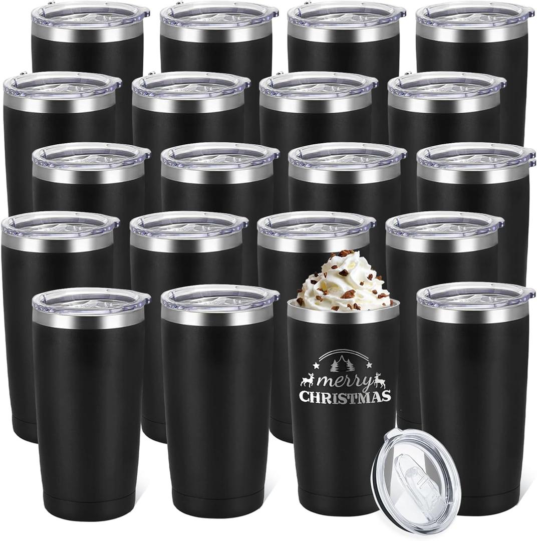 YOUKE OLA 20 Pack Stainless Steel Tumbler Bulk Insulated Vacuum Travel Mug Powder Coated Coffee Mug Gift for Laser Engrave, 20oz Black