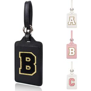 Personalized Initial Luggage Tags for Suitcases, Leather Chenille Letter Cute Luggage Tags with Privacy Name Card, Embroidered Travel Bag Backpack Tag Gifts for Women Kids Girls Teens(Black-B)