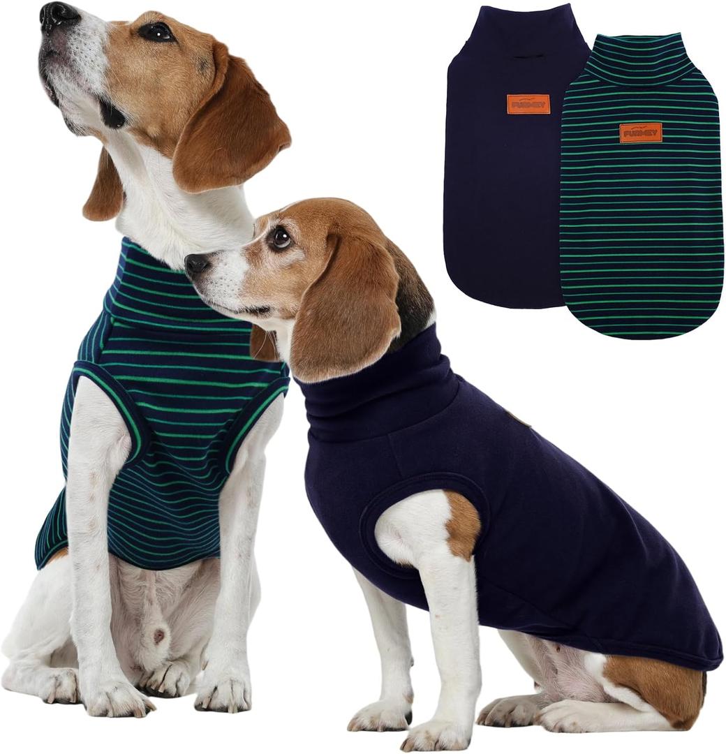 FUAMEY 2 Pack Dog Fleece Vest for Medium Dogs,Yorkshire Bichon Schnauzer Stretchy Dog Sweatshirts Warm Dogs Pullover Winter Pet Sweaters with Leash Hole Puppy Turtleneck Sleeveless Green Stripes M (Medium(Chest:18.5in))