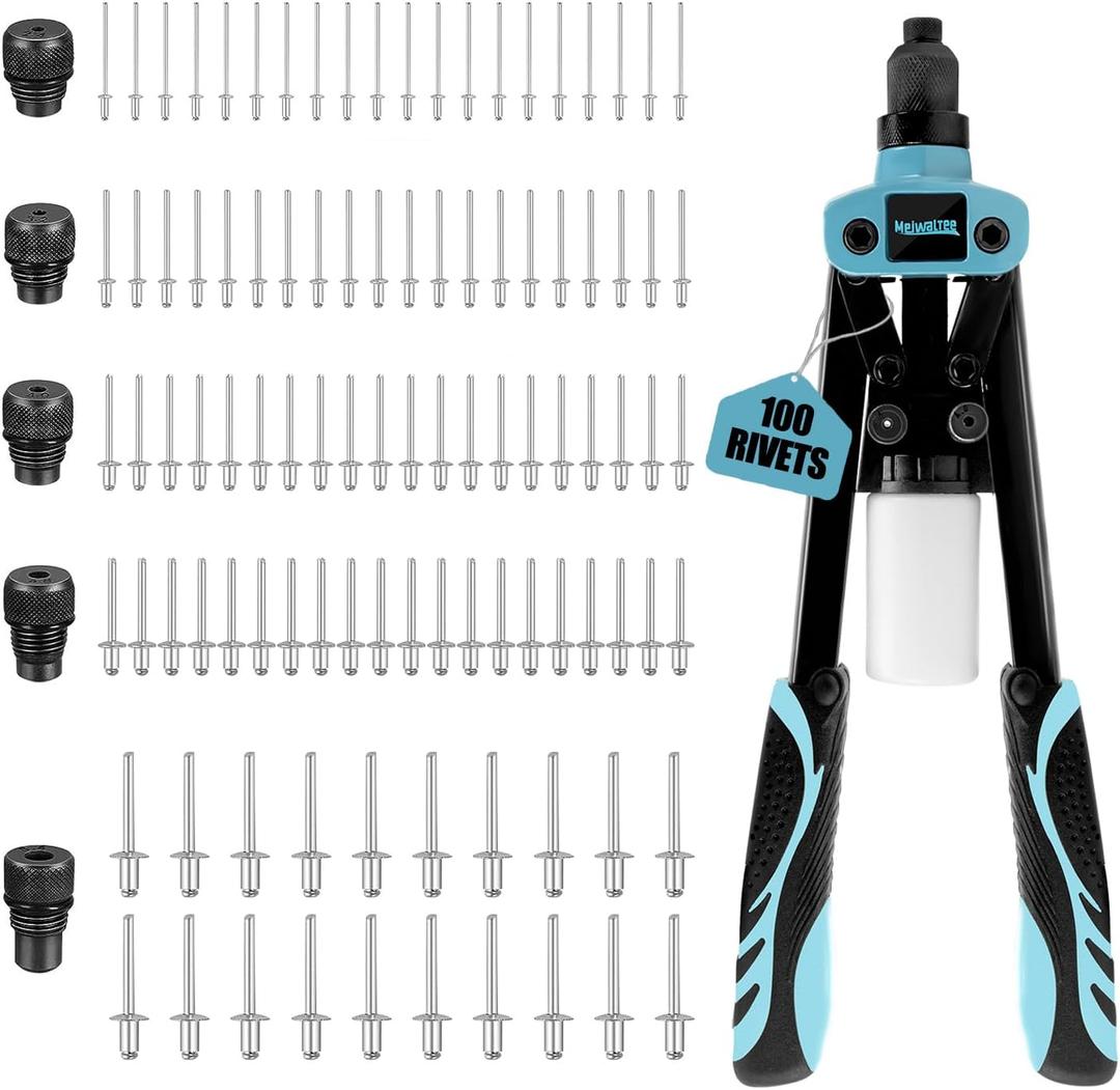 Meiwaltee 13" Rivet Gun, 1/4 Pop Rivet Gun with 100 Pcs Rivets, Manual Hand Heavy Duty Riveter with 5 Nosepieces for Plastic Metal,Aluminum, Plastic, Tube Stock,Gutter & Automotive.