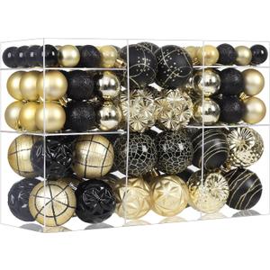 100ct Black and Gold Christmas Ornaments Set, Shatterproof Xmas Tree Ornaments Decorations Collection, Hanging Plastic Christmas Balls for Holiday Party Wedding (Black&Gold)