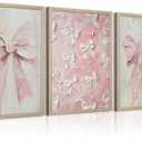 Pink Bow Wall Art Decor Preppy Trendy Posters Coquette Aesthetic Canvas Wall Decor Preppy Girl Room Pictures Vintage Pink Coquette Painting Cute Bow Artwork for Girly Bedroom 12x16x3 Inch Wood Framed