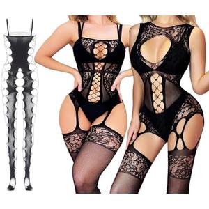 WINROLA Women's Mesh Lingerie Black Fishnet Baby Dolls Mini Dress Free Size Bodysuit See Through Shirts 3Pack