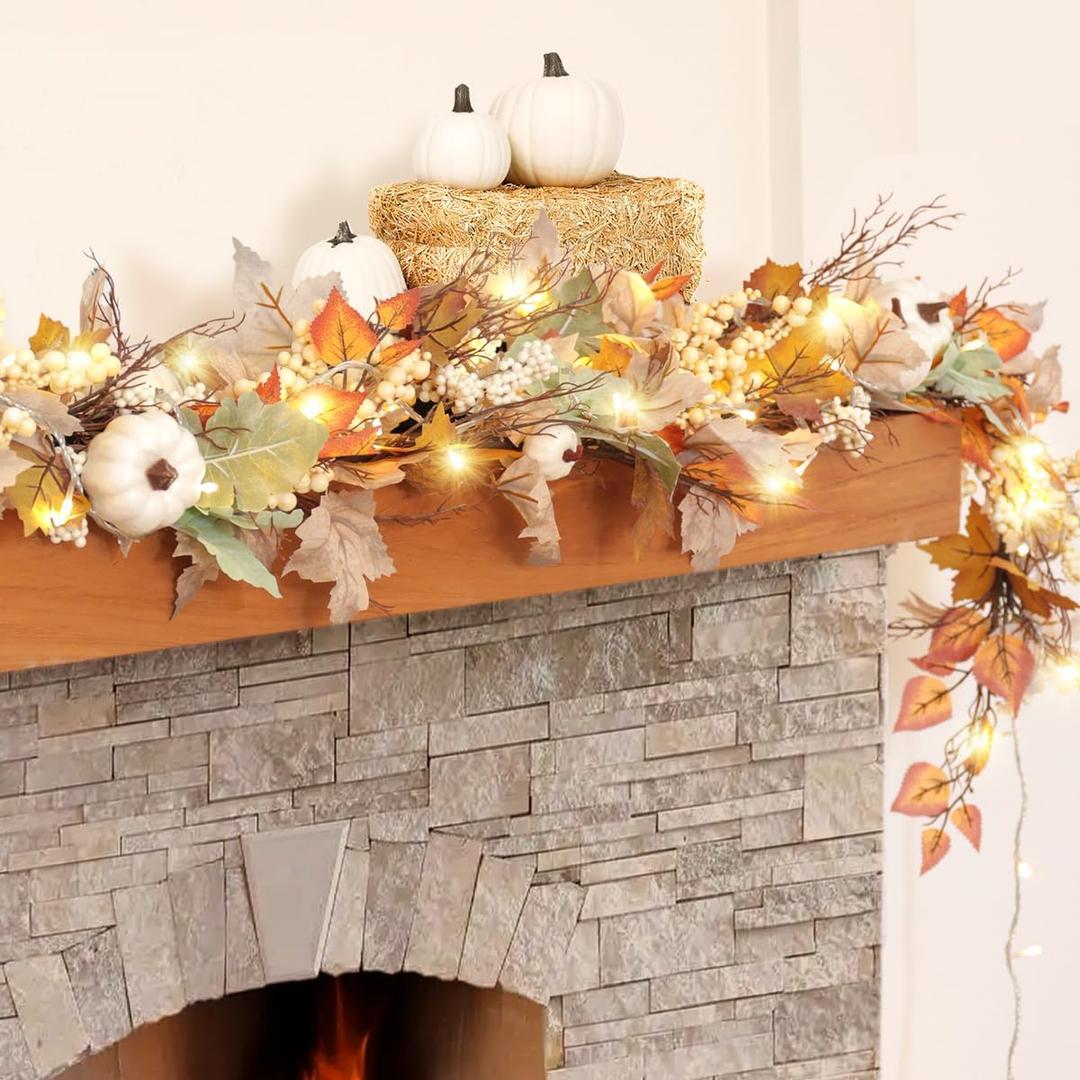 2PACK 2x6ft Fall Garland with Lights,Fall Leaves Garland with Lights, Autumn Leaf Lights for Mantle Door Table Outdoor Home, Autumn Decor, Fall Decor with Pumpkins, Thanksgiving Decorations