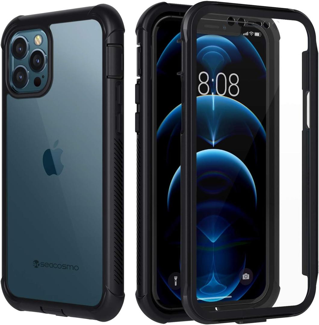 Saecosmo Case for iPhone 12 Pro Max, Full Body Protection Cover with Screen Protector, Ultra Thin Bumper Protective Phone Case for 12 Pro Max 6.7", Black