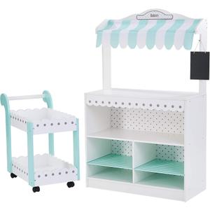 Teamson Kids My Dream Bakery Shop Dessert Stand and Rolling Pastry Cart Interactive Wooden Play Set with 18 Pretend Baked Goods, White and Mint Green with Gray Polka Dot Accents