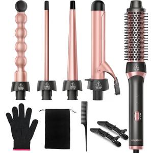 5 in 1 Curling Wand Set, Multi Curling Iron Wand with Thermal Brush and 4 Interchangeable Ceramic Curling Wand for Women in All Hair Type,Dual Voltage Hair Curler