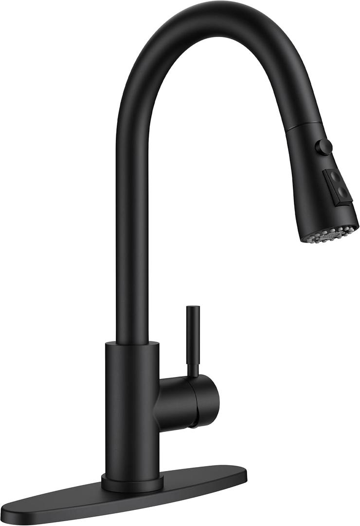 QFN Black Kitchen Faucet with Pull Down Sprayer, High Arc Single Handle Single Level Stainless Steel Pull Out Sink Faucet for Farmouse Camper RV Bar, Fit for 1 or 3 Hole