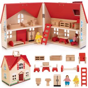 Foldable Wooden Dollhouse with 13PCS Furniture, 4 Rooms and 2 Flexible Dolls, Pretend Play Doll House Set with Portable Handle, Christmas Birthday Gift for Boys Girls Age 3+