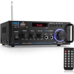 Pyle 200W Stereo Power Amplifier with Bluetooth - Dual Channel Audio Receiver - LED Display - RCA - USB - SD - MIC IN - FM Radio - AUX Input - Perfect for Home & Computer Audio - PDA29BU.5