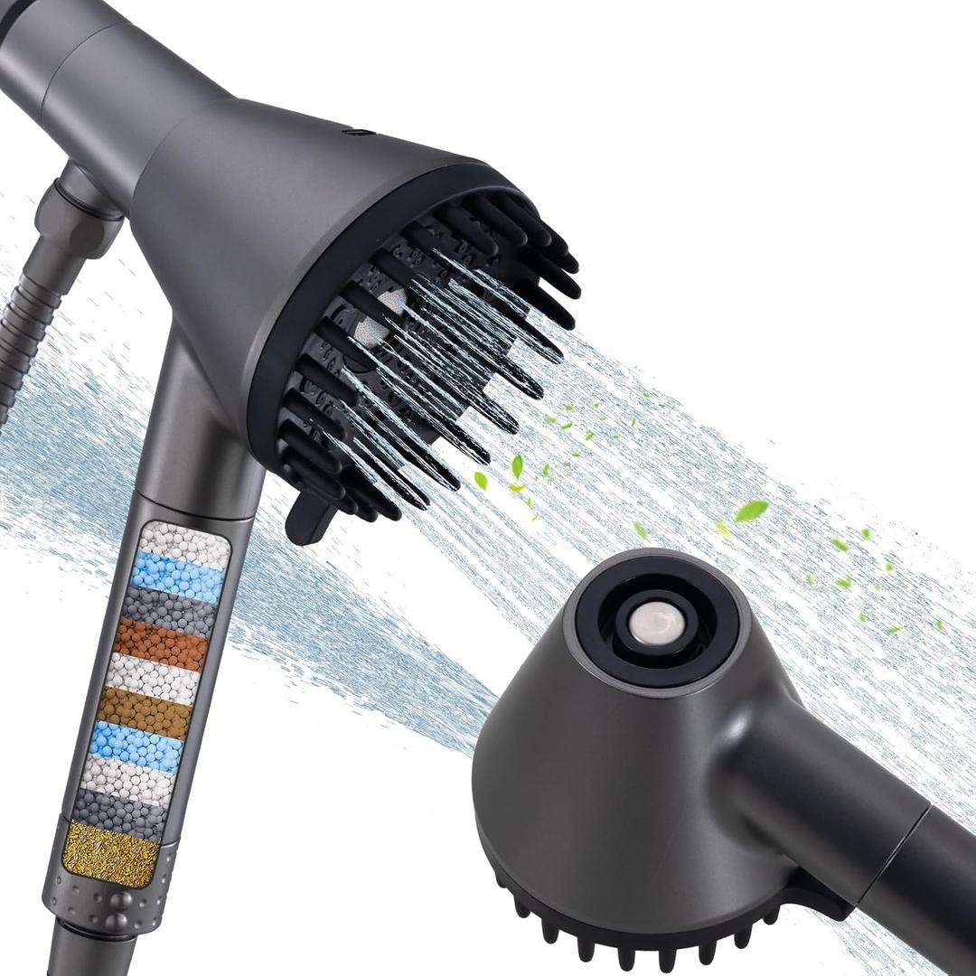 Ryamen 2026 Magnetic Filtered Shower Head with Handheld High Pressure Showerhead with Power Wash Mode, Chlorine Removal, Massage Brush, Pressure Adjustable, One-Touch Pause (Gray)