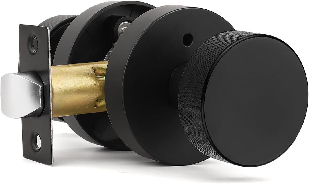 Orger Matte Black Privacy Door Knobs Interior,Zinc Alloy Keyless Black Door Knobs with Lock for Bedroom and Bathroom, Knurled Heavy Duty Round Base Modern Doorknobs, 1 Pack