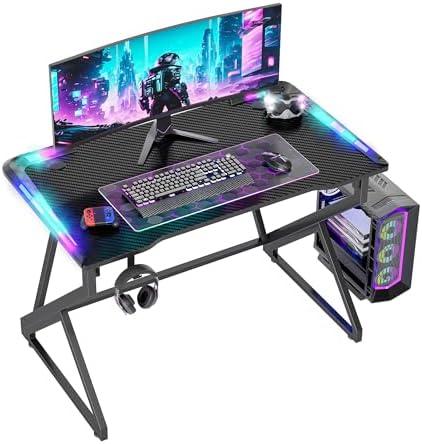 Gaming Desk with LED Lights, 32 Inch Computer Desk Z Shaped Gamer Workstation, Gaming Table with Carbon Fiber Surface, PC Gamer Desk, Black