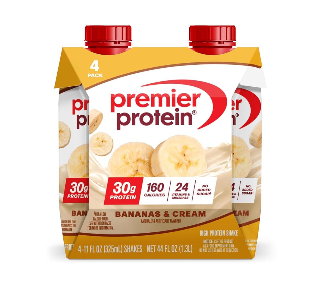 Premier Protein Shake, Bananas & Cream, 30g Protein, No Added Sugar, 24 Vitamins & Minerals to Support Immune Health, 11 fl oz, 4 Pack (Packaging May Vary) (EXP 12/21/26)