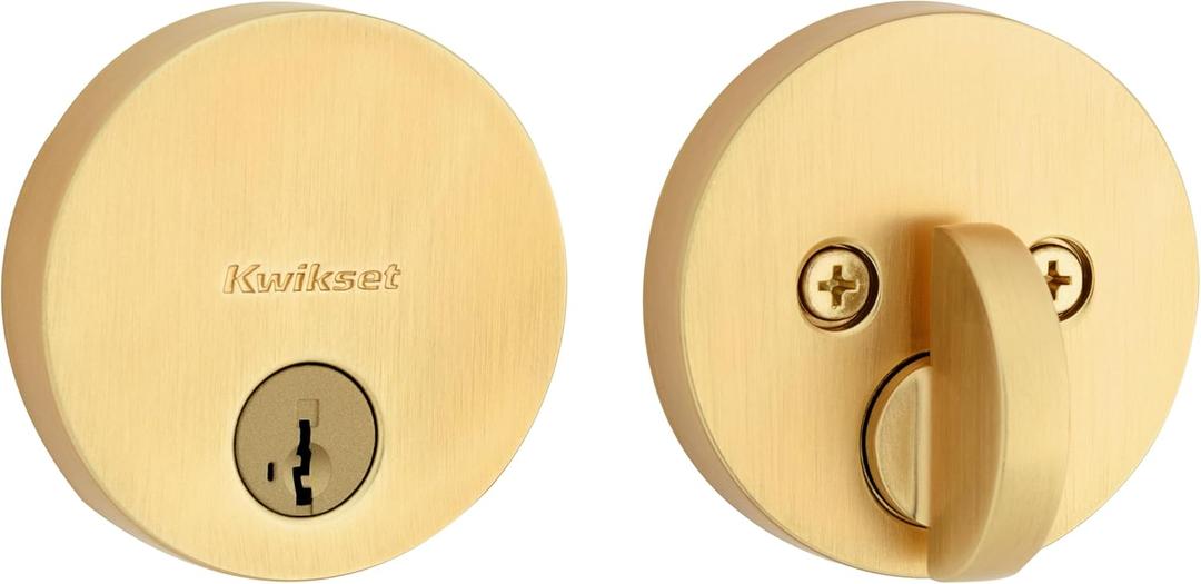 Kwikset Uptown Deadbolt Lock, Satin Brass Round Exterior Keyed Front Entry Door, Pick Resistant SmartKey Rekey Security, Single Cylinder Dead Bolt, with Microban Protection (0.5" x 2.63" x 2.63")