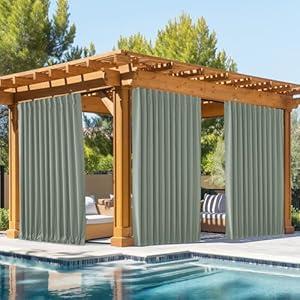 NICETOWN 2 Panels Outdoor Curtains Waterproof Pocket & Back Tab on Top & Bottom, Thermal Insulated Windproof Sun Blocking Outside Privacy Drapes for Patio with Fixed Rope, W84 x L95, Sage Green