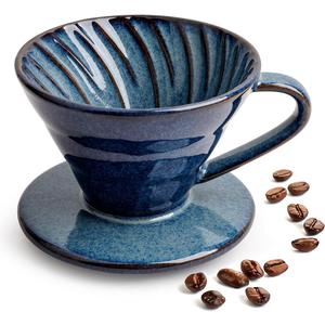Pour Over Coffee Maker, Single Cup Ceramic Coffee Dripper, Reusable Filter Cone Drip Holder Slow Brewer with Hole Flat Bottom for Home, Office, Travel, Camping (Blue)