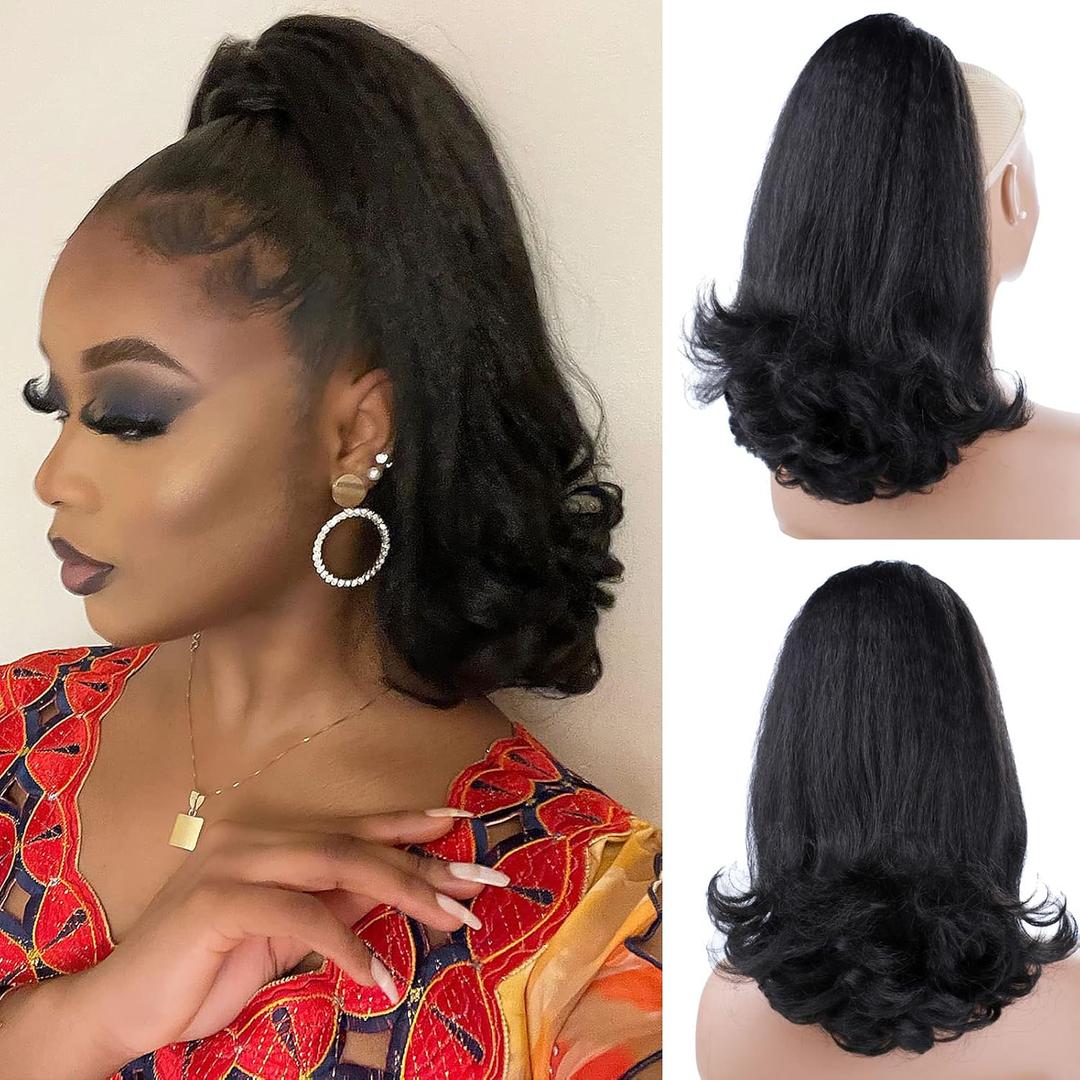 Nature Black Drawstring Ponytails for Black Women Yaki Straight Ponytail Hair Extensions Tail Warping Pony tail Hair Extensions Natural Black Synthetic 16" Hair Bun Hair Pieces for Women (1B#)