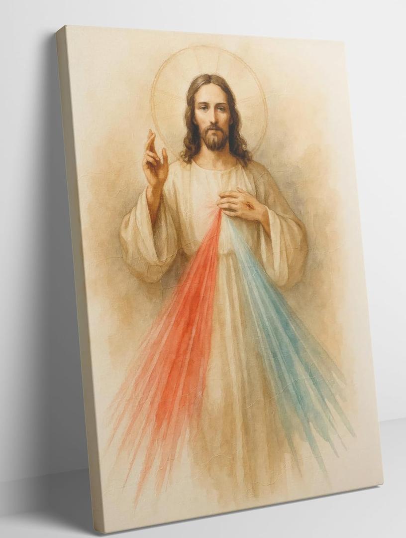 Jesus Divine Mercy Canvas Wall Art Catholic Christianity Prints Sacred Heart Christ Portrait Painting Pictures Christian Religious Wall Decor for Living Room Bedroom 12x16in Framed