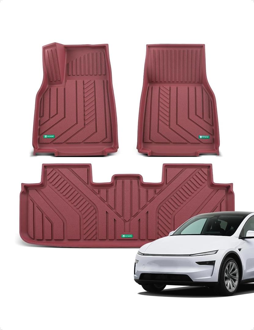 YHTAUTO Floor Mats Compatible with Tesla Model Y Juniper 2025 2026 (5-Seat), TPE Floor Liners All Weather Custom Fit, 1st & 2nd Row, Set of 3, Red