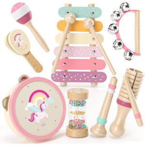 Baby Musical Instruments for Toddlers 1-3, Montessori Wooden Toys for 1 Year Old, Xylophone Maracas Percussion Set with Storage Bag, Learning Toys for Boys Girls Age 2-4, Christmas Birthday Gift, Pink