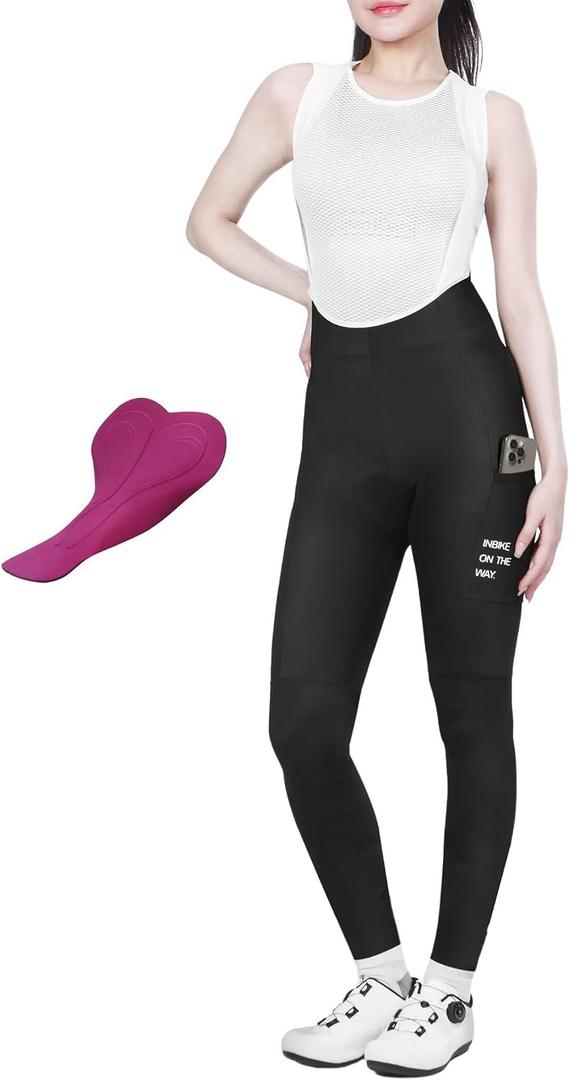 INBIKE 3D Padded Cycling Bib Pants for Women, High Waist Breathable Quick Dry Bib Tights, Lightweight Elastic with Pocket (Black, XL)