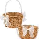 Flower Girl Basket Set of 2 - Small Wicker Rattan Baskets with Pearl Handle & Bow for Rustic Weddings, Easter Basket, or Garden Storage