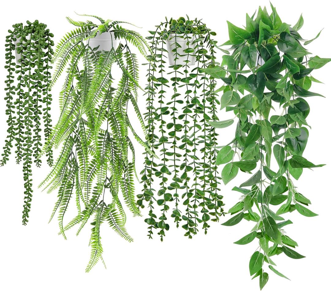 Der Rose 4Pcs Fake Plants Hanging Artificial Ivy Vine Faux Eucalyptus Hanging Plants, Boston Fern, String of Pearls for Living Room Bedroom Boho Wall Shelf Indoor Outdoor Decor (White Pots)