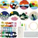 Soleeya Punch Needle Kits Adults Beginner 8 Pcs Punch Needle Coaster Kit Landscape Patterns Stitching Punch Embroidery Including Yarn Hoop Needle, Rug Tufting Coaster DIY Craft Gifts
