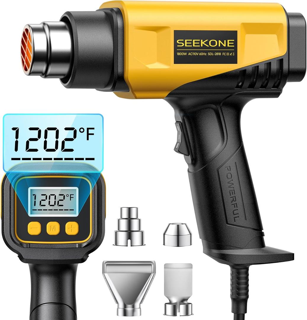 SEEKONE 1800W Heat Gun with LCD Digital Display Compact Design Hot Air Gun Variable Temperature Control 122-120250- 650with Memory Function and 4 Nozzles for Crafts, Vinyl Wrap, Shrink Tubing