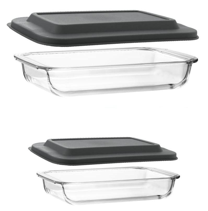 4Piece Deep Glass Baking Dish Set with Plastic lids, Rectangular Glass Bakeware Set with Lids, Baking Pans for Lasagna, Leftovers, Cooking, Kitchen, Freezer to Oven and Dishwasher, Gray