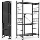 Himix Storage Shelves with 20 Hooks, 4-Tier Foldable Shelves for Storage, Folding Shelf Unit Pantry Shelves with Wheels, Metal Shelving Storage Rack Shelf for Kitchen Garage Home, Black - No Assembly