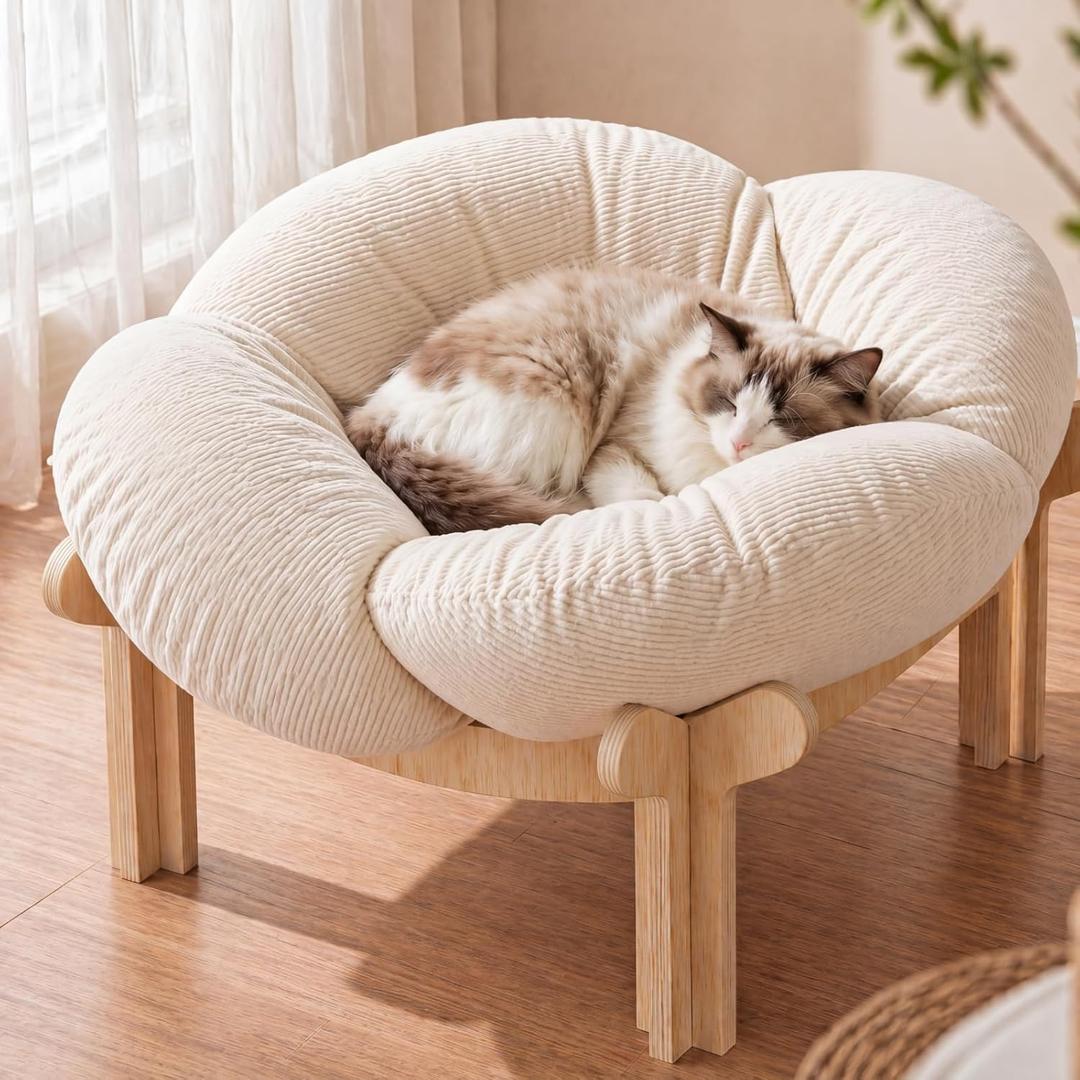 22x22x13 Inch Elevated Flower Cat Bed Wooden with Fluffy Cushion, Pet Couch Sofa for Indoor Cats, Raised Kitty Lounge Chair Suitable for Puppy, Cat Furniture Living Room Bedroom