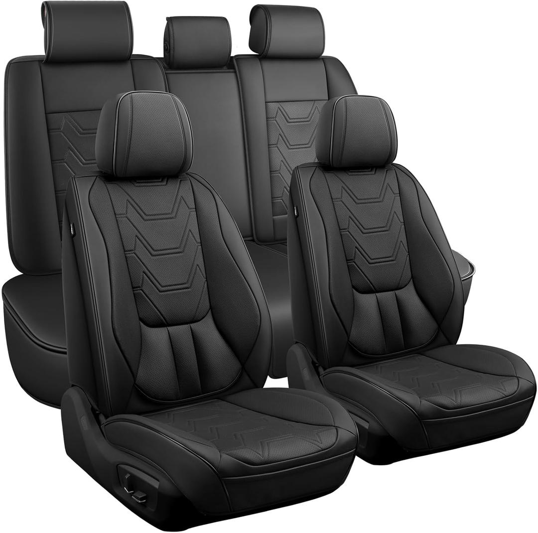 CAPITAUTO Car Seat Covers Full Set, Black Seat Covers for Car with Lumbar Support, Faux Leather Waterproof Seat Covers 5 Seats, Breathable Automotive Seat Covers Fit for Most Cars SUV Truck