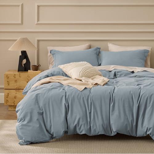 Bedsure 100% Washed Cotton Duvet Cover Queen Size - Dusty Blue Minimalist Cotton Bedding Linen Like for All Seasons - GentleSoft™ Plain Simple Duvet Cover, 3 Pieces (Dusty Blue, Queen, 90"x90")