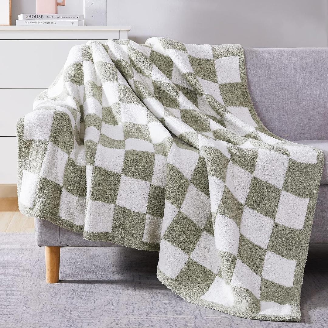 WRENSONGE Checkered Throw Blanket, Sage Green Soft Cozy Fluffy Warm Hand Made Throw Blankets for Couch, Sofa, Chair, Bed, Camping, Picnic, Travel Lightweight Bed Blanket - 60"*80" (Twin(60"x80"))