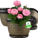 10 Inch Plant Pots, 4 Pack Flower Pots Outdoor with Drainage Holes & Trays, Retro Antique Imitation Decorative Garden Plastic Pots for Plants Indoor Sets for Houseplants