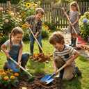 4-Piece Garden Tool Set with Shovel, Rake, Hoe, Leaf Rake - 2 Pairs of Gloves & 2 Storage Bags, Wooden Gardening Tools for Yard & Lawn Care