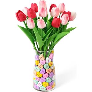 Mulbozy Valentines Day Decorations, Valentine Theme Decor with Glass VaseConversation Hearts Filler & Tulips for The Home or Office Centerpiece Table