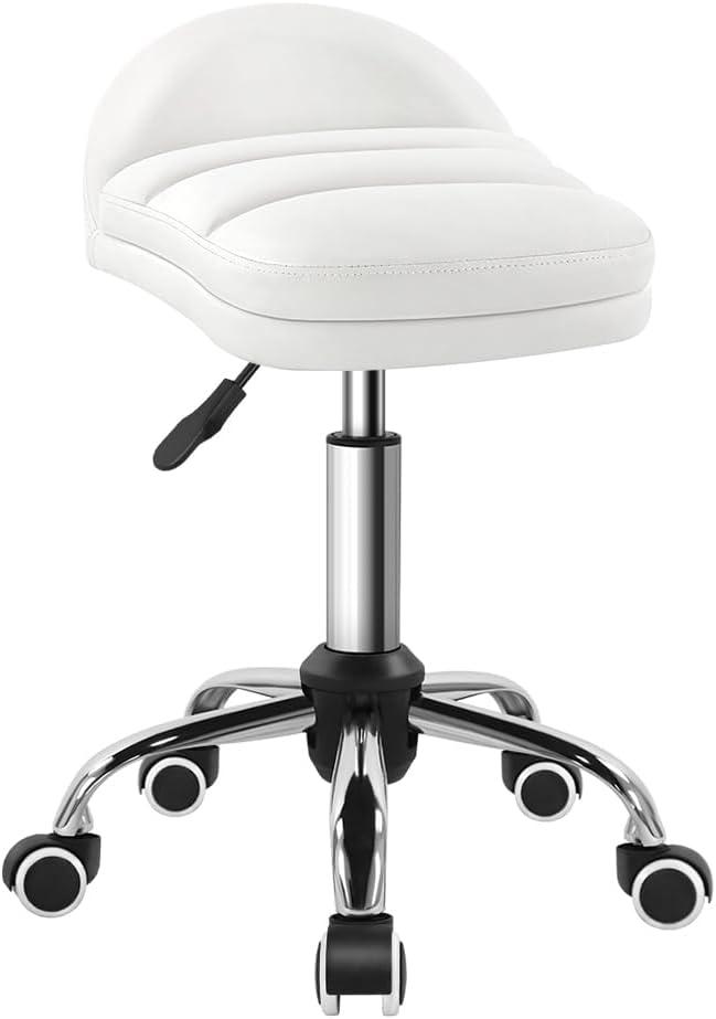 White Rolling Stool Chair with Wheel Perfect for Home Work SPA Massage Height-Adjustable and Cost-Effective Swivel Stool with Low Back